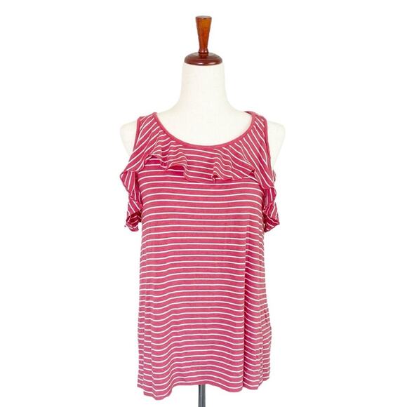 MAX STUDIO Sophie Fluttery Ruffle Arm Strap Striped Tank Coral & White Size M - Picture 1 of 9